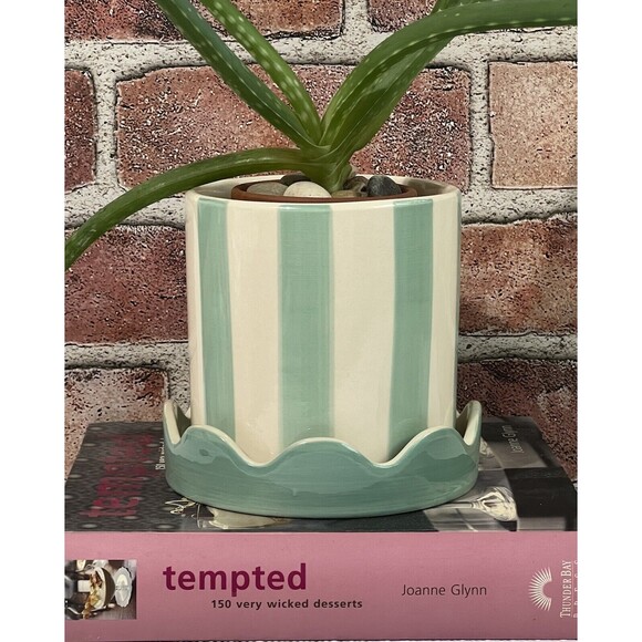 Striped Ceramic Planter Scallop Petal Edge DRAINAGE Attached Saucer Blue Cream - Picture 8 of 12